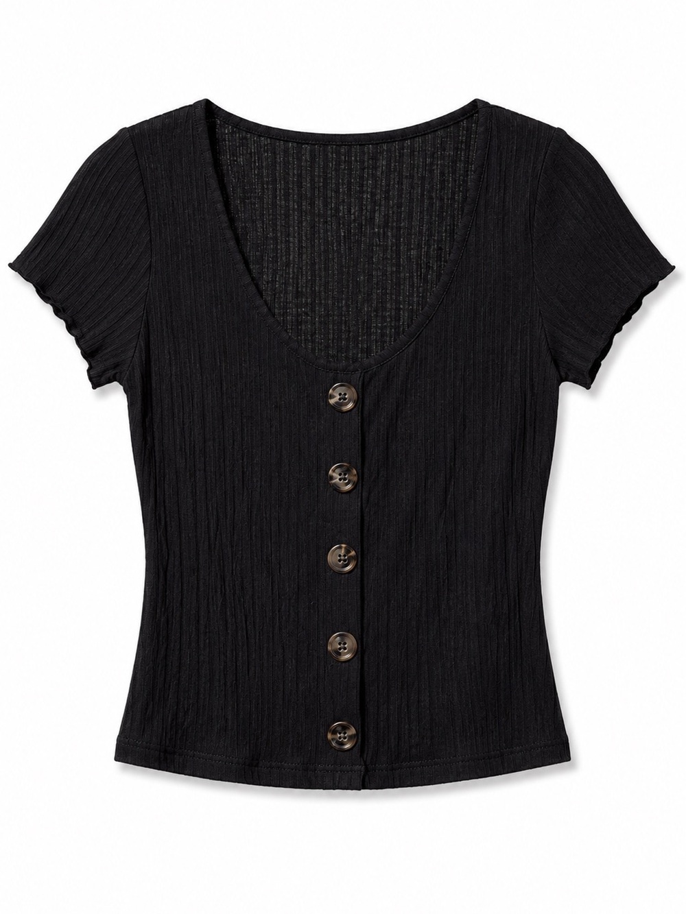 LOVE J BLACK RIBBED SHORT SLEEVE TOP WITH TORTOISE BUTTON DOWN DETAIL